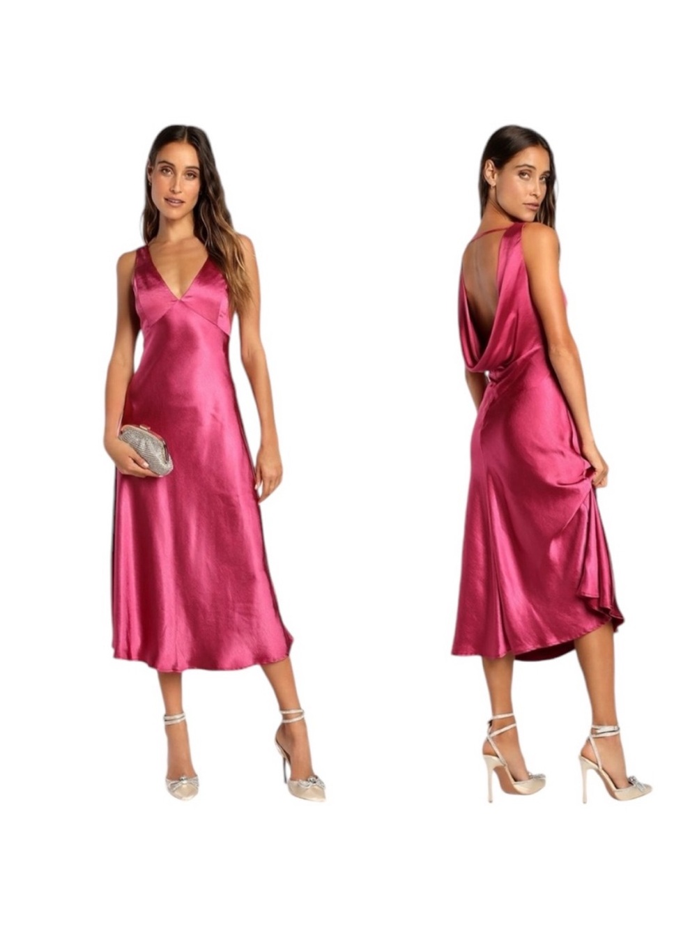 NEW Lulus Incredible Love Magenta Satin Cowl Back Midi Slip Dress Size Small